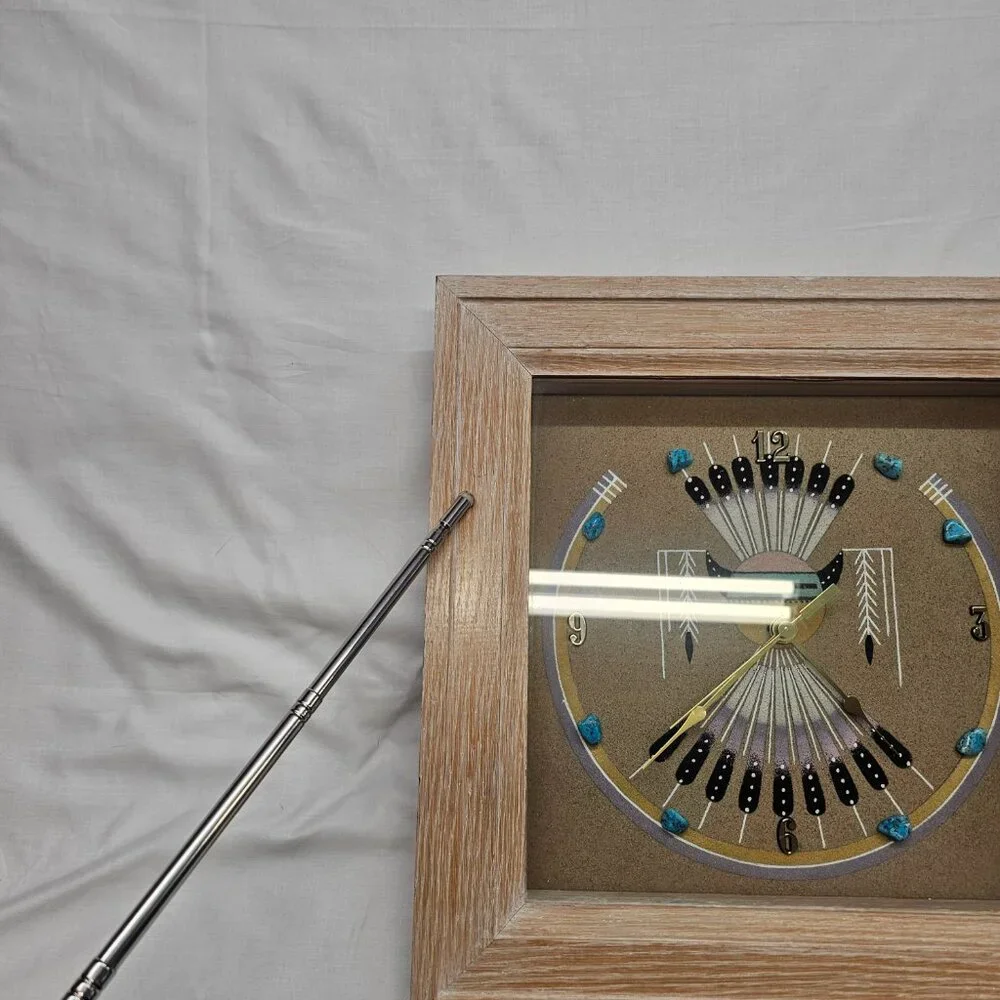 Navajo Sand Art painting Clock hand crafted w/ turquoise stones framed glass - Picture 13 of 15